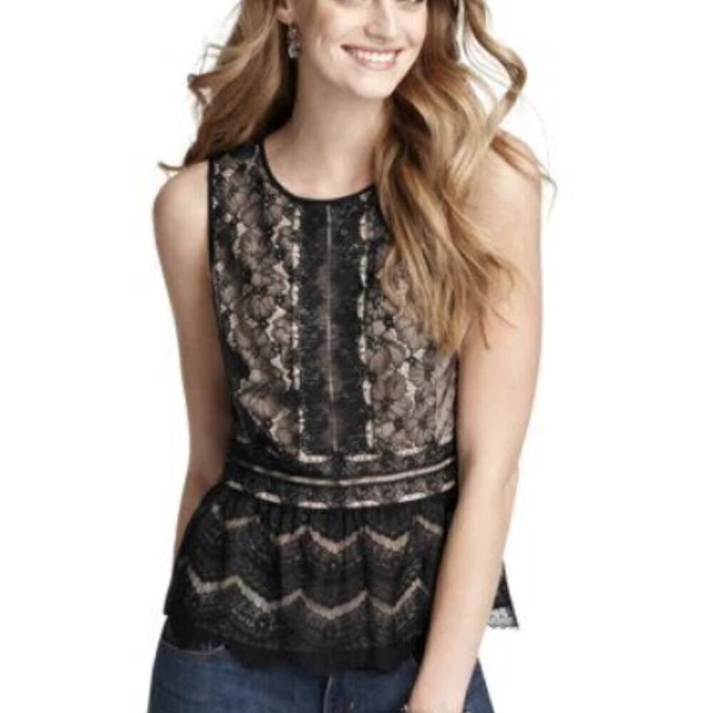 Ann Taylor LOFT Black Lace Sleeveless Tank Peplum Top Size XS